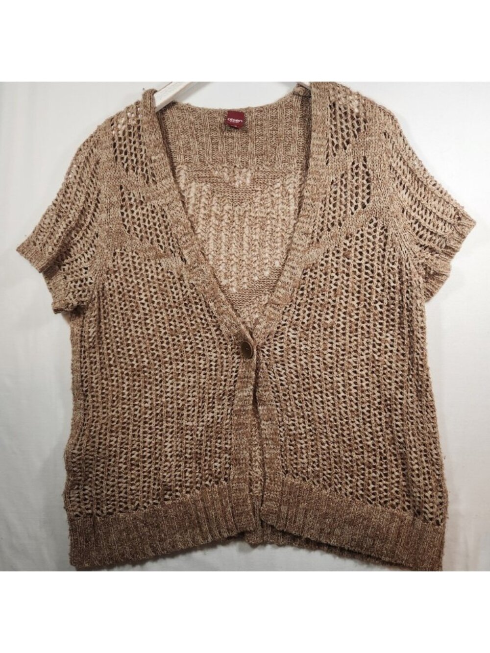 Olsen Europe y2k Open Knit Cardigan Short Sleeve Single Button Tan XL 16